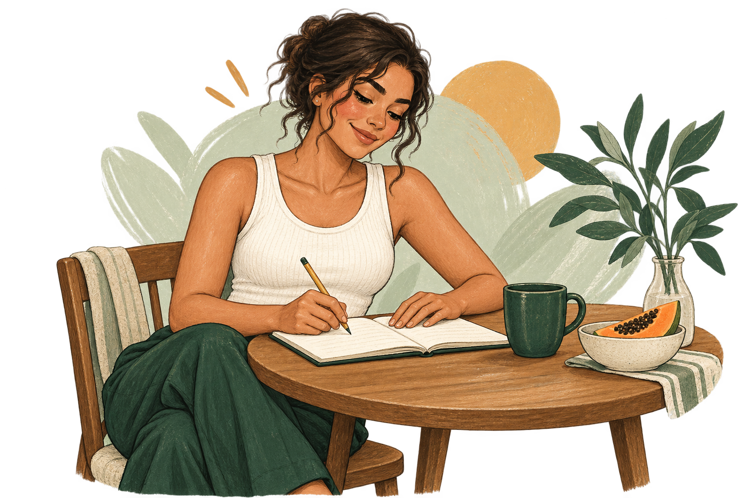 Ilustração de uma mulher escrevendo em seu caderno